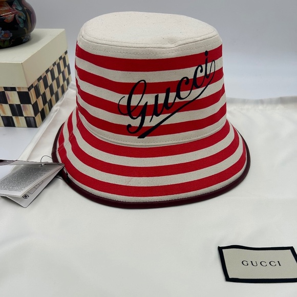 Gucci Accessories - Women’s Gucci, striped canvas, bucket, hat, size large made in Italy
